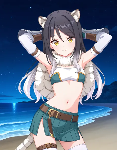 pcrshio, animal ears, animal ear fluff, black hair, gradient hair, yellow eyes, tiger tail, striped tail, pshiodef, fur-trimmed capelet, bare shoulders, two-tone bandeau, midriff, brown belt, green skirt, pleated skirt, pencil skirt, miniskirt, elbow glove...