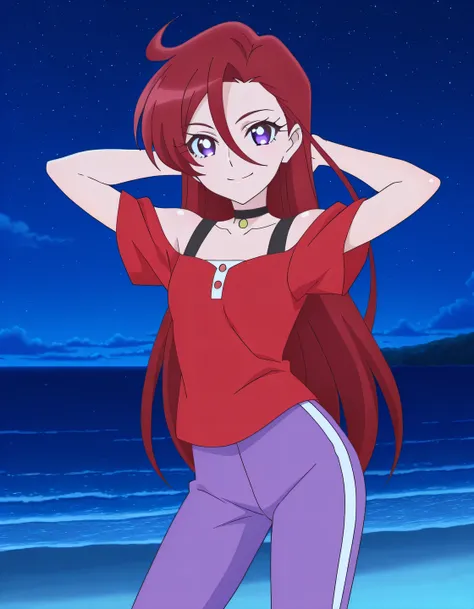 Asuka, red hair, long_hair, ahoge, violet eyes, hair between eyes, red shirt, purple pants, capri pants, black choker, off shoulder, small_breasts, anime screencap, high quality, solo, shiny skin, night sky, beach, arms behind head, (contrapposto), closed ...
