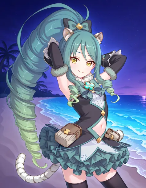 pcrshio, animal ears, animal ear fluff, gradient hair, yellow eyes, tiger tail, striped tail, pshiomag, green hair, aqua hair, very long hair, ponytail, drill hair, magical girl, hair bow, fur collar, sleeveless dress, bowtie, club \(shape\), jewelry, whi...