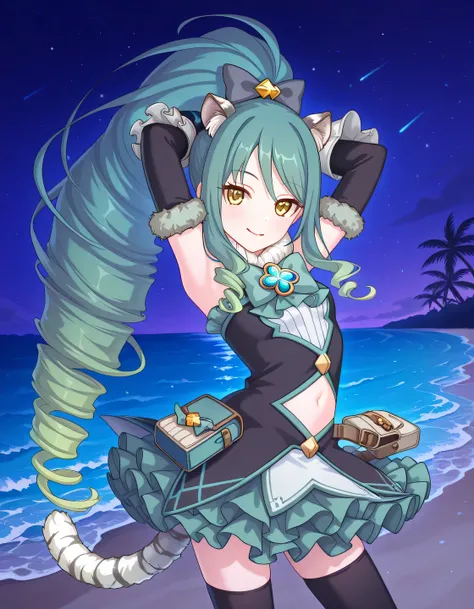 pcrshio, animal ears, animal ear fluff, gradient hair, yellow eyes, tiger tail, striped tail, pshiomag, green hair, aqua hair, very long hair, ponytail, drill hair, magical girl, hair bow, fur collar, sleeveless dress, bowtie, club \(shape\), jewelry, whi...