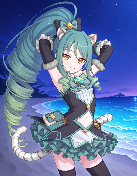 pcrshio, animal ears, animal ear fluff, gradient hair, yellow eyes, tiger tail, striped tail, pshiomag, green hair, aqua hair, very long hair, ponytail, drill hair, magical girl, hair bow, fur collar, sleeveless dress, bowtie, club \(shape\), jewelry, whi...