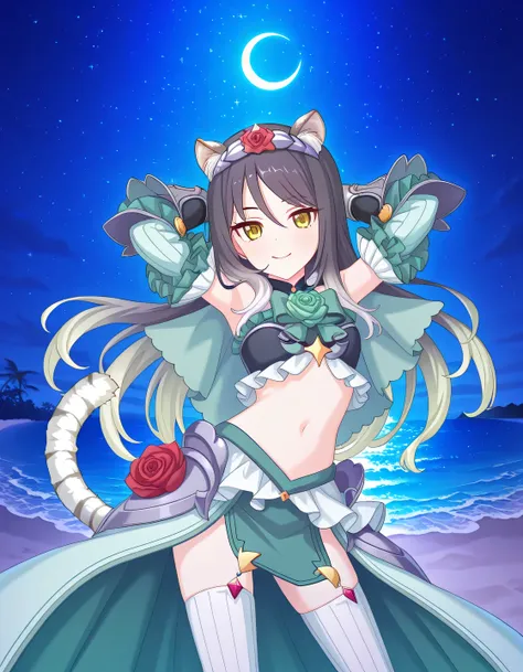 pcrshio, animal ears, animal ear fluff, black hair, gradient hair, yellow eyes, tiger tail, striped tail, pshioduo, tiara, rose, bare shoulders, aqua crop top, gradient crop top, black breastplate, green bow, crescent, frills, capelet, detached sleeves, lo...