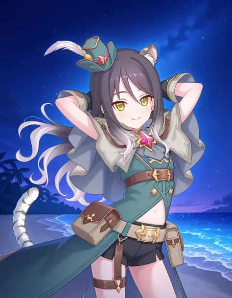 pcrshio, animal ears, animal ear fluff, black hair, gradient hair, yellow eyes, tiger tail, striped tail, pshioran, mini hat, hat feather, grey capelet, two-sided capelet, green coat, chest belt, midriff, black gloves, belt, pouch, black shorts, short shor...