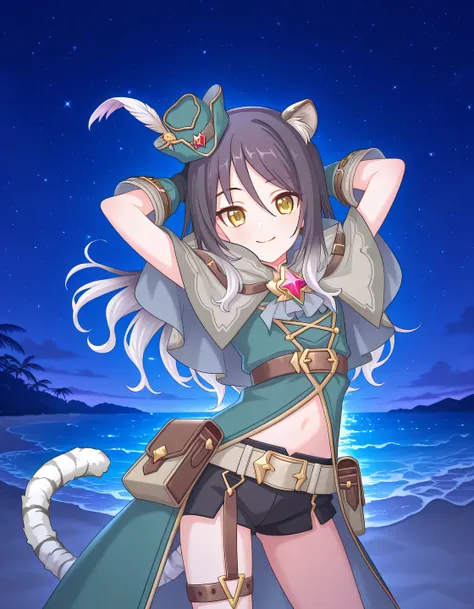 pcrshio, animal ears, animal ear fluff, black hair, gradient hair, yellow eyes, tiger tail, striped tail, pshioran, mini hat, hat feather, grey capelet, two-sided capelet, green coat, chest belt, midriff, black gloves, belt, pouch, black shorts, short shor...