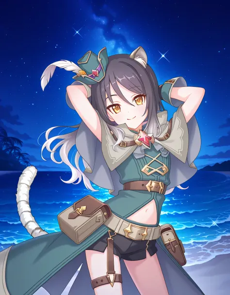 pcrshio, animal ears, animal ear fluff, black hair, gradient hair, yellow eyes, tiger tail, striped tail, pshioran, mini hat, hat feather, grey capelet, two-sided capelet, green coat, chest belt, midriff, black gloves, belt, pouch, black shorts, short shor...