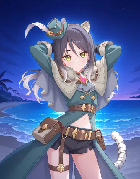 pcrshio, animal ears, animal ear fluff, black hair, gradient hair, yellow eyes, tiger tail, striped tail, pshioran, mini hat, hat feather, grey capelet, two-sided capelet, green coat, chest belt, midriff, black gloves, belt, pouch, black shorts, short shor...