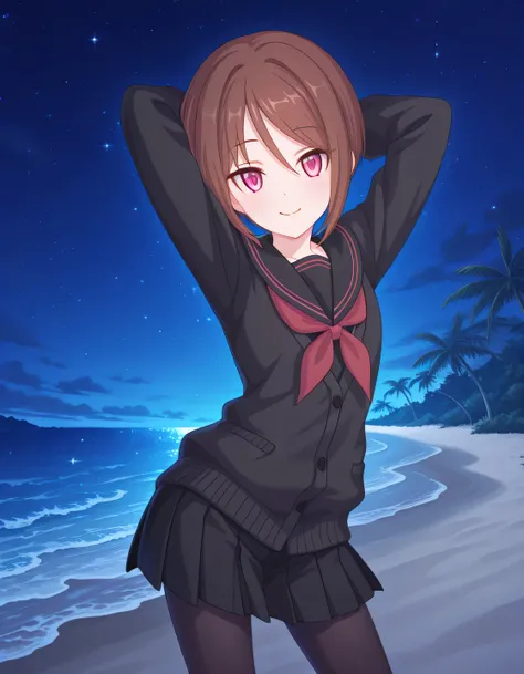 rlpshio, short hair, brown hair, pink eyes, black serafuku, black cardigan, red neckerchief, black skirt, pleated skirt, black pantyhose, anime screencap, high quality, solo, night sky, beach, hands behind head, ((contrapposto)), closed mouth, cowboy shot,...