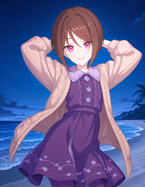 rlpshio, short hair, brown hair, pink eyes, beige cardigan, open cardigan, collared dress, purple dress, print dress, purple pants, anime screencap, high quality, solo, night sky, beach, hands behind head, ((contrapposto)), closed mouth, cowboy shot, looki...