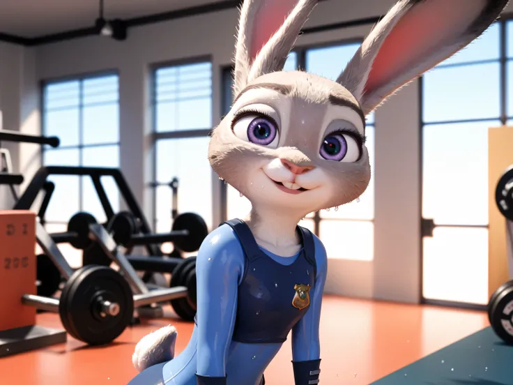 Zootopia,Judy,judy hopps, Grey Rabbit,High Quality,Rabbit Beast拡張,Rabbit Beast,3D,,Rabbit,Beastミルク, 3D, 3DCG, realistic, bunny, cute, perfect body, BEAUTIFUL CLOSE UP PHOTO. Her collarbone, shoulder, wet lips under gym clothes are the focus of the photo, g...
