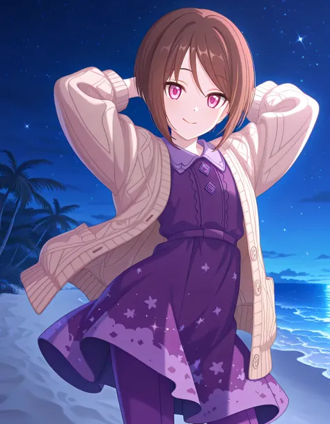 rlpshio, short hair, brown hair, pink eyes, beige cardigan, open cardigan, collared dress, purple dress, print dress, purple pants, anime screencap, high quality, solo, night sky, beach, hands behind head, ((contrapposto)), closed mouth, cowboy shot, looki...