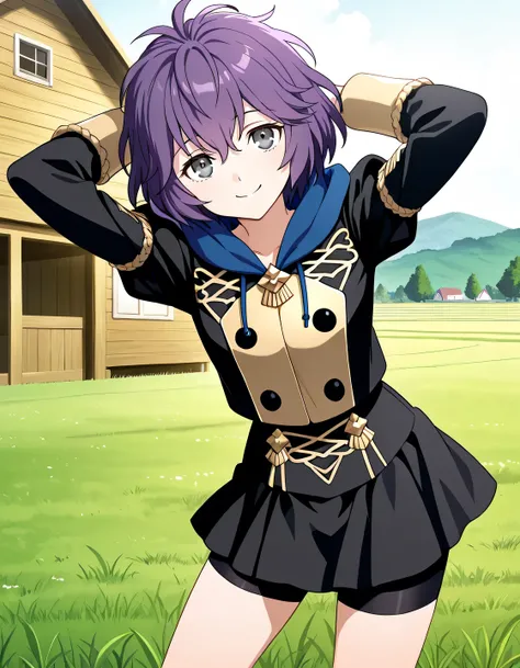dfbndta, purple hair, messy hair, hair between eyes, grey eyes, black jacket, blue hood, hood down, black buttons, black skirt, shorts under skirt, anime screencap, high quality, solo, farm, sunsetting, grass, hands behind head, ((contrapposto)), closed mo...
