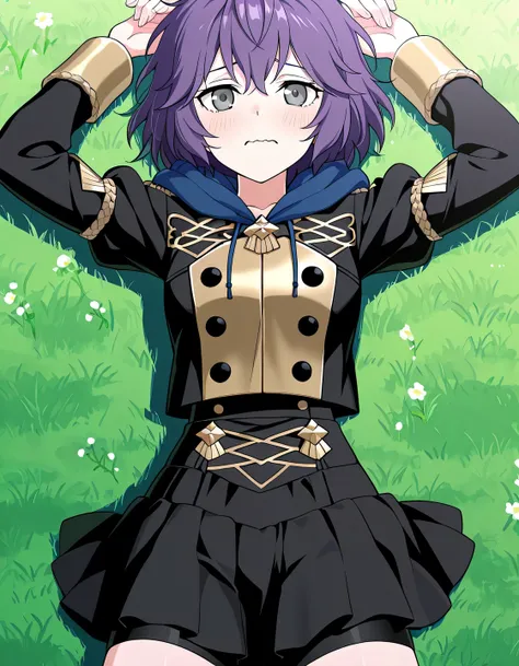 dfbndta, purple hair, messy hair, hair between eyes, grey eyes, black jacket, blue hood, hood down, black buttons, black skirt, shorts under skirt, anime screencap, high quality, solo, lying, on back, from above, arms up, legs apart, closed mouth, on grass...