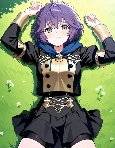 dfbndta, purple hair, messy hair, hair between eyes, grey eyes, black jacket, blue hood, hood down, black buttons, black skirt, shorts under skirt, anime screencap, high quality, solo, lying, on back, from above, arms up, legs apart, closed mouth, on grass...