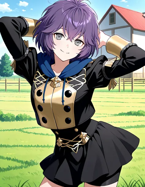 dfbndta, purple hair, messy hair, hair between eyes, grey eyes, black jacket, blue hood, hood down, black buttons, black skirt, shorts under skirt, anime screencap, high quality, solo, farm, sunsetting, grass, hands behind head, ((contrapposto)), closed mo...
