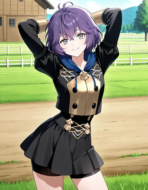 dfbndta, purple hair, messy hair, hair between eyes, grey eyes, black jacket, blue hood, hood down, black buttons, black skirt, shorts under skirt, anime screencap, high quality, solo, farm, sunsetting, grass, hands behind head, ((contrapposto)), closed mo...