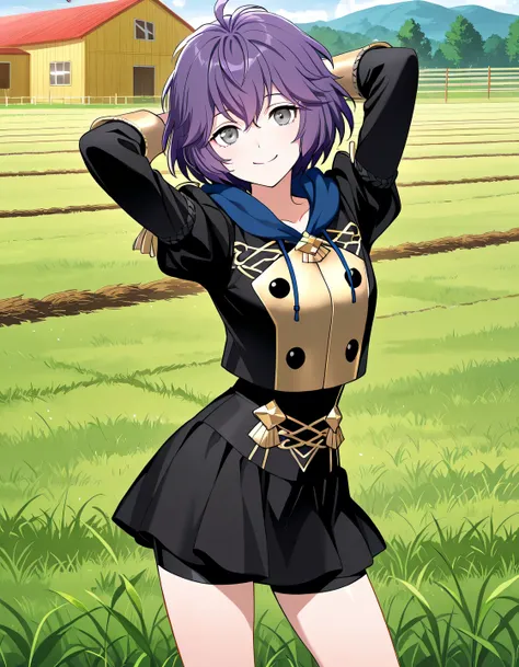 dfbndta, purple hair, messy hair, hair between eyes, grey eyes, black jacket, blue hood, hood down, black buttons, black skirt, shorts under skirt, anime screencap, high quality, solo, farm, sunsetting, grass, hands behind head, ((contrapposto)), closed mo...