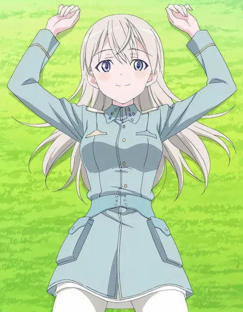 elila, default, 1girl, blue eyes, silver hair, long hair, uniform, military uniform, blue jacket, military jacket, white pantyhose, blue belt, anime screencap, high quality, solo, lying, on back, arms up, legs apart, closed mouth, on field, aerial view, co...