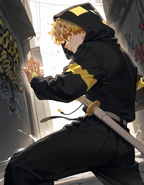 sideview,profile,(dutch angle,dynamic fighting stance, low stance pose),looking at viewer,30years old,adult man,upperbody,muscle:0.3,man's face,male's eyes,(zen1tsuag4tsuma), short hair, blonde hair, yellow eyes, thick eyebrows,adult man face,triangle prin...