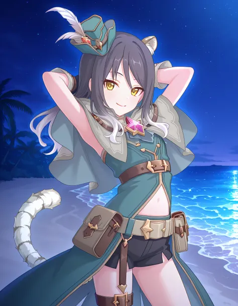 pcrshio, animal ears, animal ear fluff, black hair, gradient hair, yellow eyes, tiger tail, striped tail, pshioran, mini hat, hat feather, grey capelet, two-sided capelet, green coat, chest belt, midriff, black gloves, belt, pouch, black shorts, short shor...