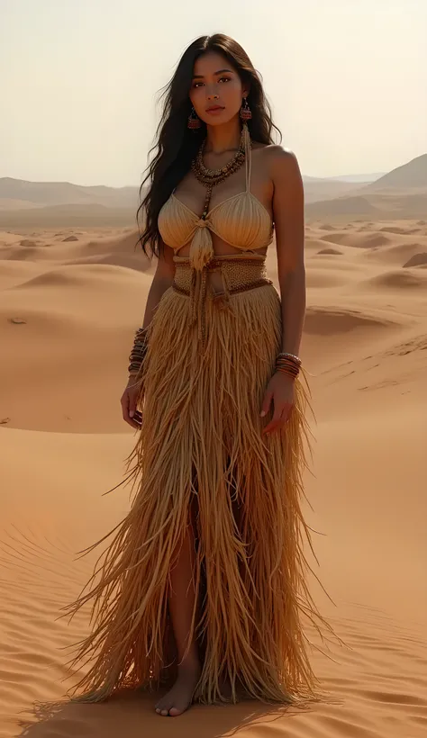 Primitive age era, (prehistoric age era:1.6), ((Realistic cinematography ultra wide angle depth intense details of realistically stunning savana desert landscape scenery)),focusing on a happy aboriginal female stand gracefully pose,,an ultra detailed heat ...