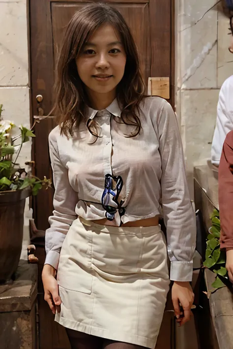 one Japanese woman, 23 years old, slender body, small breasts,  very thin waist, office-lady,  business cloth,  white shirt , collared shirt, covered nipples, pencil skirt, black stocking, standing against the wall, in door, light smile, cool face, whole b...