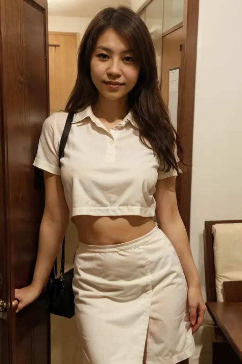 one Japanese woman, 25 years old, slender body, light medium breasts,  very thin waist, office-lady,  business cloth,  white shirt , collared shirt, (covered nipples), pencil skirt, black stocking, standing against the simple wall, in door, light smile, (f...