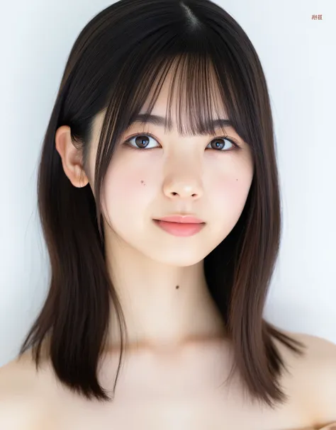 Raw photo, Real, ((Staring)), ((Focus on face)), ((Close-up)), Front view, Japanese woman, ((Medium hair, dark brown hair, straight hair)), Off-the-shoulder, Beautiful collarbone, Unedited, Live-action, Authentic, Cute young girl, Beautifully reflective ey...