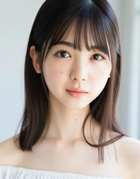Raw photo, Real, ((Staring)), ((Focus on face)), ((Close-up)), Front view, Japanese woman, ((Medium hair, dark brown hair, straight hair)), Off-the-shoulder, Beautiful collarbone, Unedited, Live-action, Authentic, Cute young girl, Beautifully reflective ey...