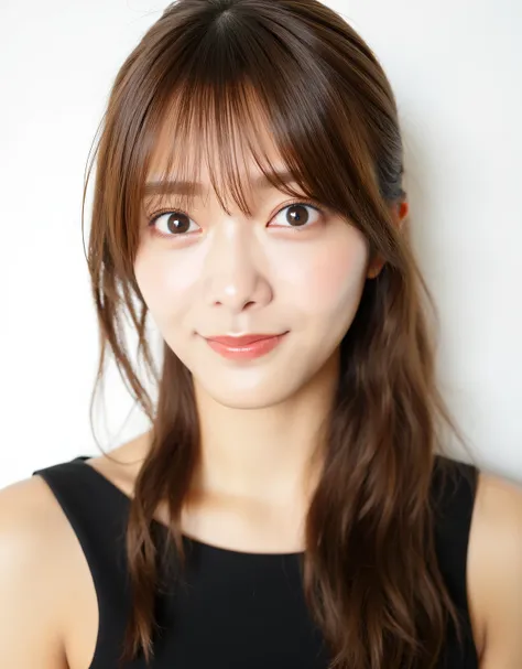 The image is a close-up portrait of a young woman's face, she was wearing a black dress. She had long, straight brown hair with bangs that fell to her shoulders. Her hair was styled in loose waves and hung over her forehead. She was looking directly into t...