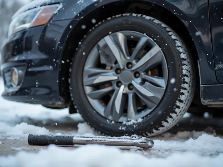 (best quality,masterpiece,high quality,highres,ultra detailed,photo realistic style:1.3),A close-up view of a car tire and wheel being replaced,The car is lifted, A ratchet wrench is placed on the ground,The focus is only on the outer side of the tire, the...