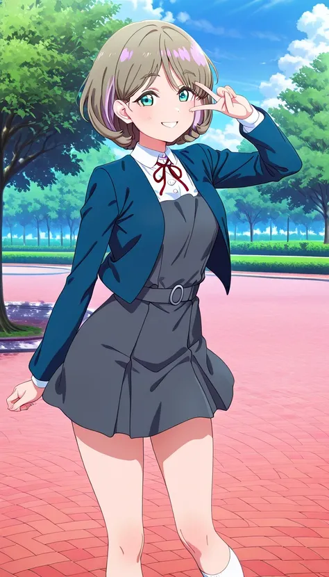 anime style, masterpiece, best quality, ultra detailed, highres, 8k, smile, 1 girl, 
Keke tang, shirt, dress, ribbon, school uniform, jacket, white shirt, open clothes, collared shirt, open jacket, red ribbon, neck ribbon, blue jacket, pinafore dress, grey...