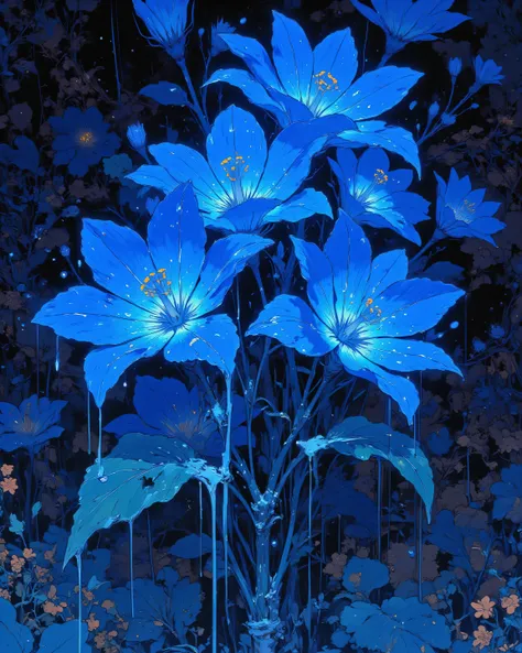 Blue flowers , neon glow, paint dripping from pedals . pedals  falling, wallpaper style. 