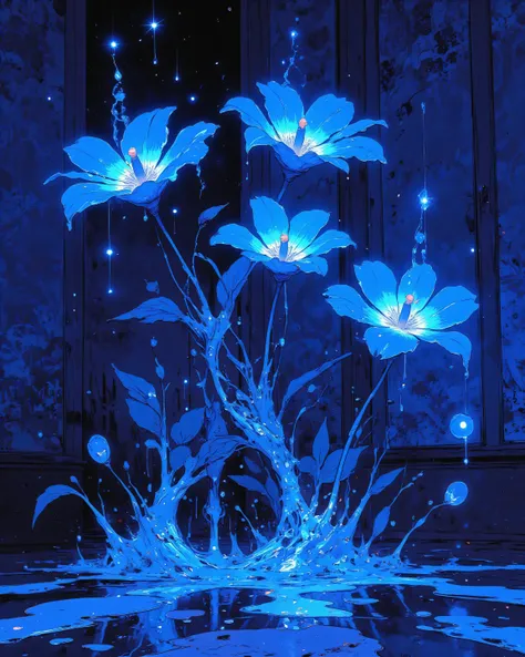 Blue flowers , neon glow, paint dripping from pedals . pedals  falling, wallpaper style. 