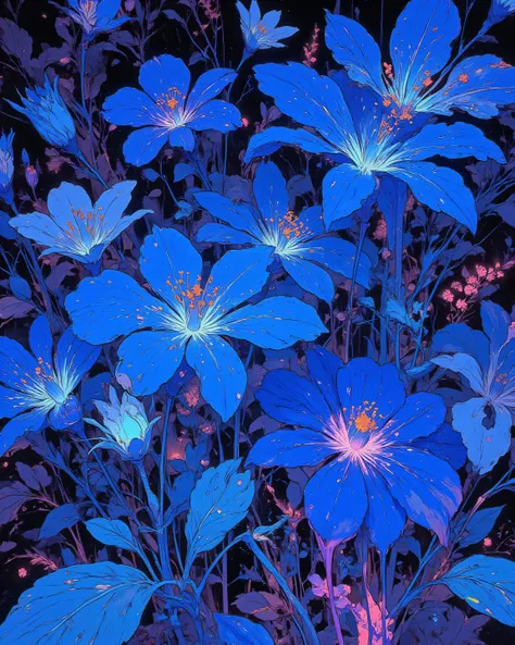 VibrantlySharp style.,Blue flowers , neon glow, paint dripping from pedals . pedals  falling, wallpaper style. 