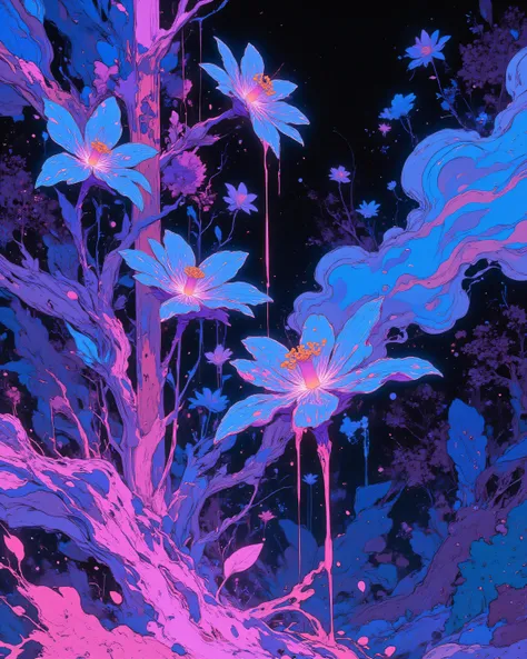 Blue, pink, and purple flowers , neon glow, paint dripping from pedals . pedals  falling, wallpaper style. 