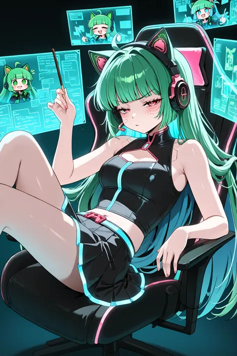 Vannamelon, Hacker girl, cute, sleeveless, skirt, headphones with cat ears, holding a Pocky stick, squinting, reclining in a gaming chair, touching a holographic panel. Cyberpunk room, neon lines, surrounded by multiple floating holographic panels displayi...