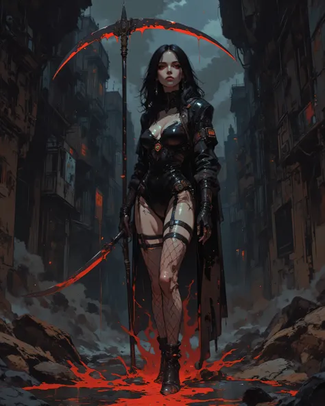 petite , short, fishnet bodysuit, black makeup, grinning (holding a scythe) (raining blood)