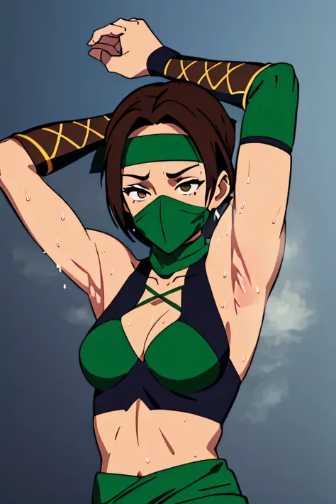 Jade, human woman with wheatish complexion,sleeveless.She has brown eyes and blackish blue clothing. Her hair is blackish brown in color; She is beautiful.Tsundere face.,mature appearance,armpits,sweat,sweaty,sweaty armpits,arms up,showing armpits,awesom...