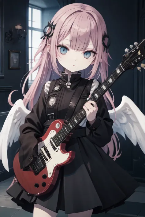 super detail, absolute resolution, masterpiece. Lonely, Cubic Hair Decoration, Pink hair from the second floor, Long hair, Blue Eyes, Brow hair , Guitar ,Very Beautiful Eyes,face, , Obscene Beauty[picture表情. angel wings,Overview, BREAK LEWD Amazing[picture...