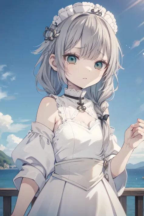 (Gorgeous Masterpiece,Best Quality Ultra Detailed CG Unity 8k Wallpaper) Under Blue Sky Extremely exquisite beautiful white haired girl crying, Wearing a Stunning White Wedding Dress,Braid Two Hair into Braids ( Braid ). she (Blue Green Eyes) 與she的美麗相得益彰, ...