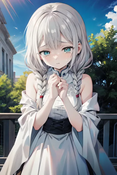 (Gorgeous Masterpiece,Best Quality Ultra Detailed CG Unity 8k Wallpaper) Under Blue Sky Extremely exquisite beautiful white haired girl crying, Wearing a Stunning White Wedding Dress,Braid Two Hair into Braids ( Braid ). she (Blue Green Eyes) 與she的美麗相得益彰, ...