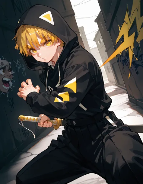 (dutch angle,dynamic fighting stance, low stance pose),looking at viewer,30years old,adult man,upperbody,muscle:0.3,man's face,male's eyes,(zen1tsuag4tsuma), short hair, blonde hair, yellow eyes, thick eyebrows,adult man face,triangle print, black jacket, ...