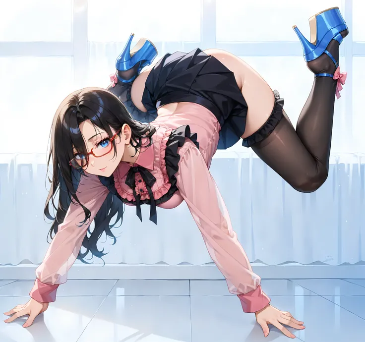 ((inspired by )),((inspired by Animation Style:1.5)),(masterpiece, best quality),beautiful, beautiful-woman, ((detailed face)).(full body:1.3).,
((black hair)), glasses, blue eyes, long hair, over-rim eye-wear,semi-rimless eye-wear, between eyes .(red-fra...