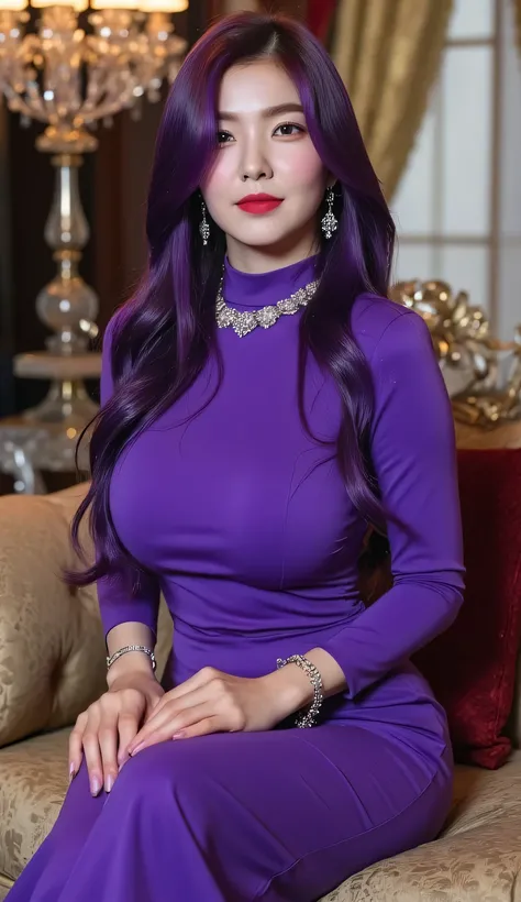 masterpiece, best quality, highly detailed, 1girl, princess, sitting on sofa, luxurious glamorous living room, body facing camera, front view, European-style dress, turtle neck design, long sleeves, bright purple color, pencil skirt, floor-length, thick lo...