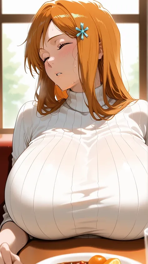 1 female, solo, pov, inoue orihime, turtleneck, huge breast, in cafe, closed eyes, sleeping while sitting, head leaned to side, detailed, sweat, blushing, hurt eyebrow