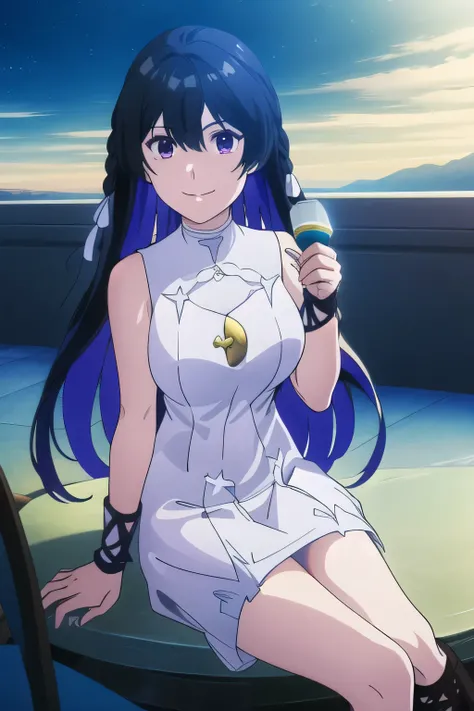 Sleeveless White Super Big Bust Wool Sweater，white miniskirt，Beautiful legs，amazing thighs ，can you see your vagina through light blue panties，boots，can you draw a female high school uniform，Skyscraper Top Floor Terrace、    You can see the night view     ，...