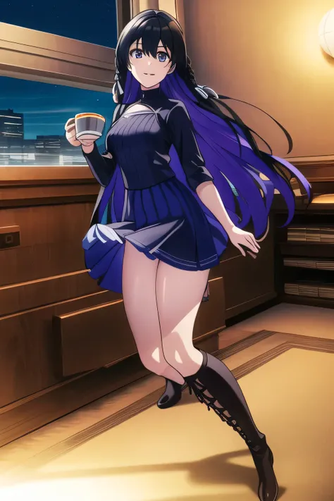 light blue big chest wool sweater without sleeves，ホワイトmini skirt，Beautiful legs，amazing thighs ，can you see your vagina through light blue panties，boots，can you draw a female high school uniform，The terrace on the top floor of a skyscraper、    I Can See th...