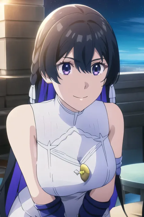 Sleeveless light blue large chest wool sweater，white miniskirt，Beautiful legs，amazing thighs ，can you see your vagina through light blue panties，boots，can you draw a female high school uniform，Skyscraper Top Floor Terrace、   You can see the night view    ，...