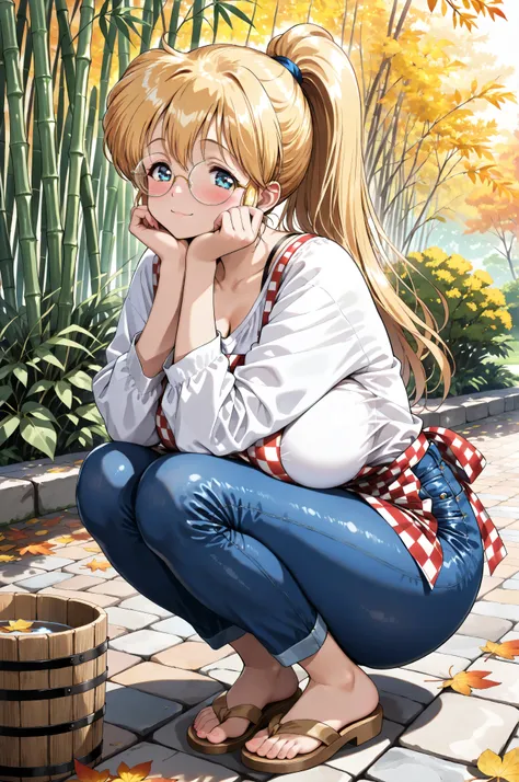 (masterpiece, best quality:1.4), Sensei Luna, runa,
anime style illustration, blonde long hair in a ponytail, shiny hair,
blue detailed eyes, round glasses, gentle smile, blushing cheeks,
extremely large, soft, round, anime-style breasts, exaggerated si...