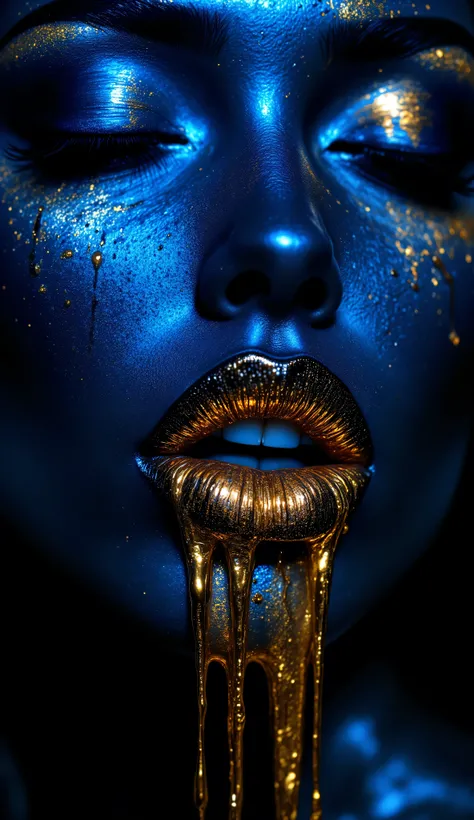A dramatic close-up beauty shot of metallic gold and blue makeup art. The lips are painted in a metallic gold shimmer with a glossy finish, creating a liquid metal effect. The lips are dripping with the same metallic gold liquid, forming two elongated stre...